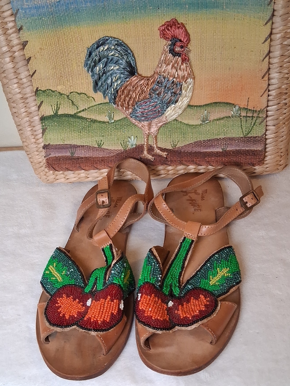 Handcrafted Beaded Cherry Leather Sandals - Brown Leather, Green & Red